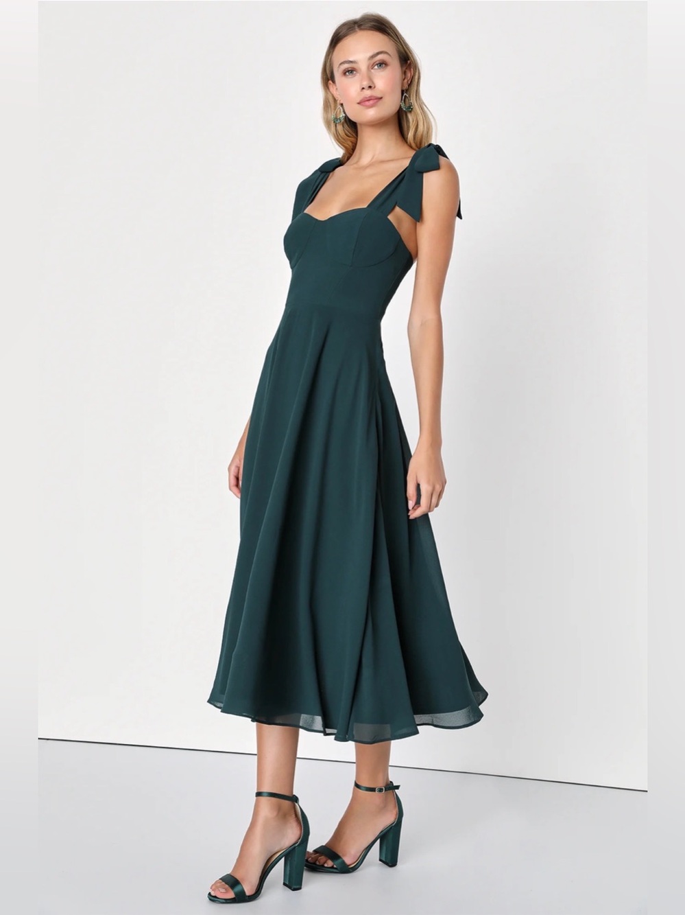 Lulus Sophisticated Charisma Dark Green Tie-Strap Midi Dress NWT
